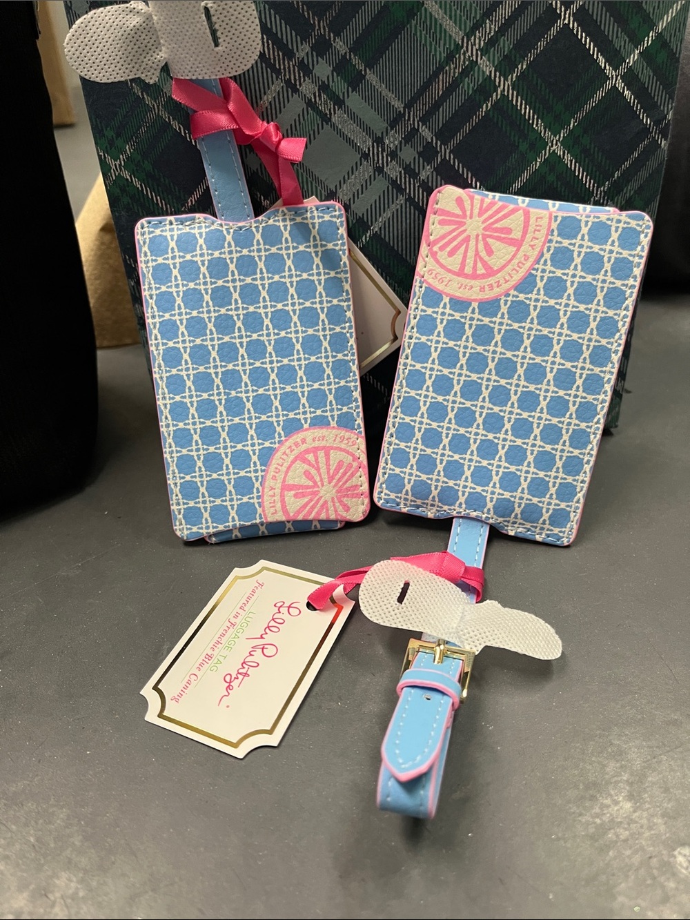 NWT Lilly Pulitzer Blue & Pink Patterned Luggage Tag Set